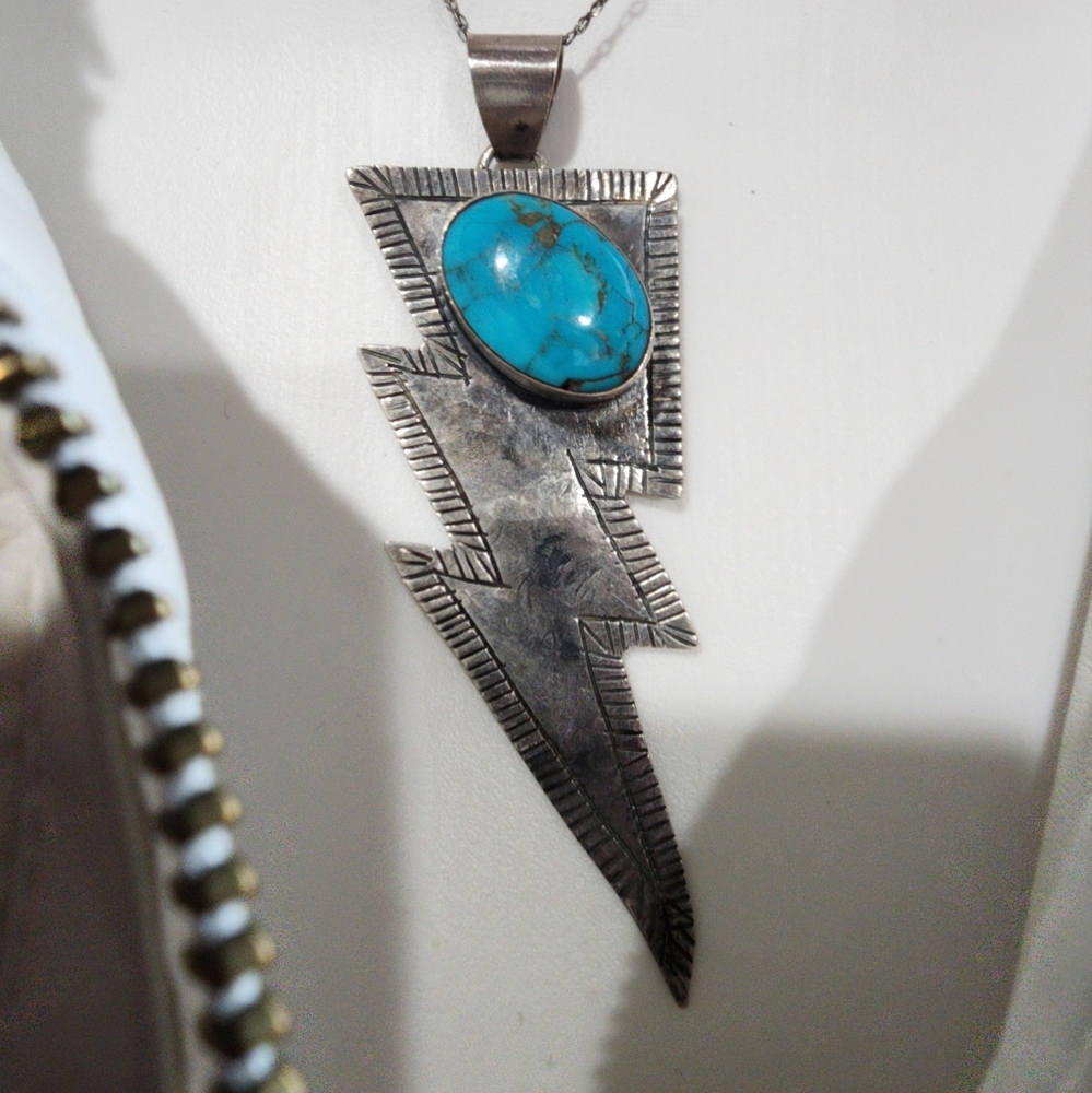 Silver Lightning Bolt Necklace with Turquoise Stone - Picture 3 of 10